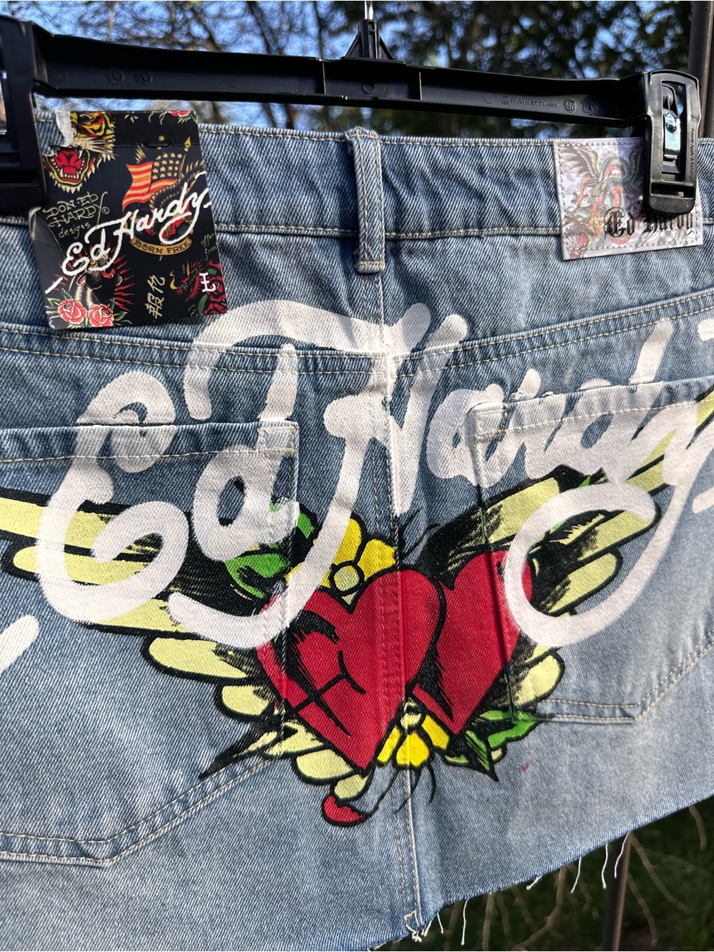 Ed Hardy Light Blue Denim Skull Painted Mini Skirt NWT Y2K - Picture 4 of 6